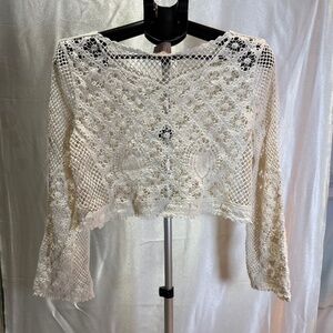 } GLG Crochet Lace Crop Top Size L Boho Festival Style Long Sleeve